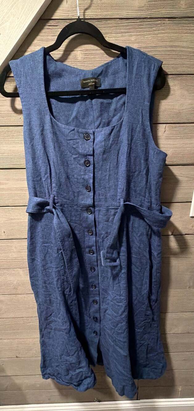 Banana Republic Linen Blend Dress Size 16 Blue Button Front Belted